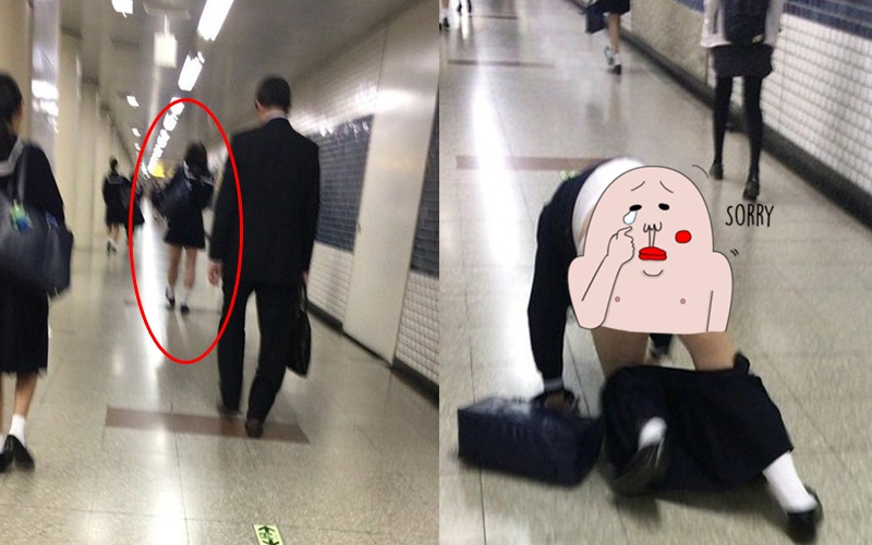 可憐的女學生不小心仆街「小褲褲」完全露出來，地鐵的露出讓人看了又硬又好笑... 