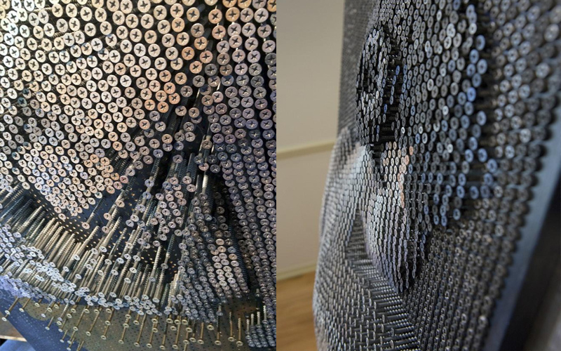 「花了200個小時把2萬顆螺絲鎖在木板上」的藝術品，近看很壯觀，遠看視覺瞬間高潮！