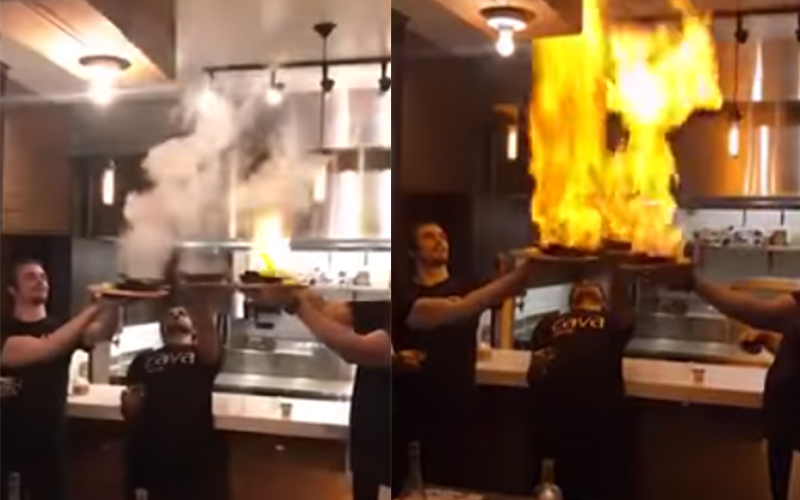 餐廳店員端盤子狂秀「火炬起司」驚艷全場！沒想到幾秒鐘後卻「釀成悲劇」全場尖叫笑翻！