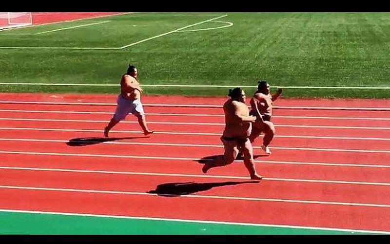 史上最重量級的跑步比賽！相撲力士不受肥肉橫飛阻力影響，七秒就跑到終點！