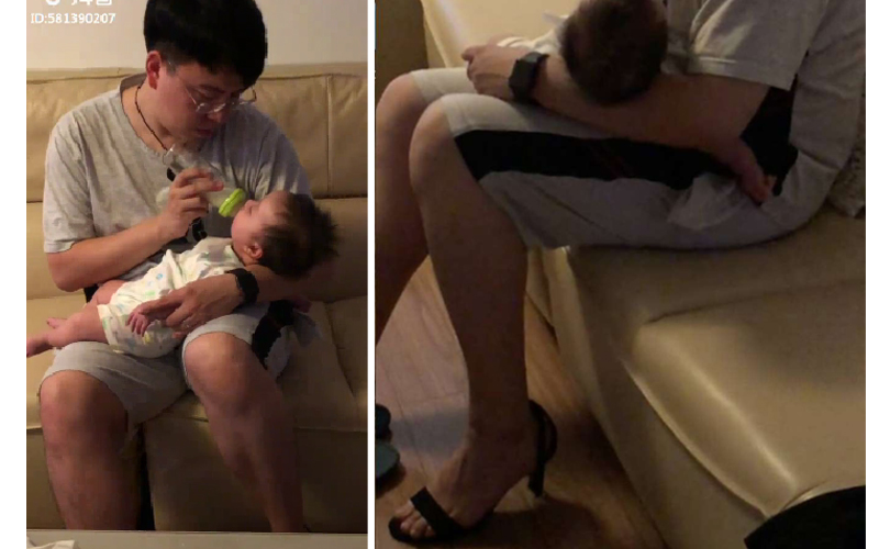 新手爸爸餵寶寶喝奶，腳上竟踩著高跟鞋，原因曝光後...網讚爆寵兒無誤！