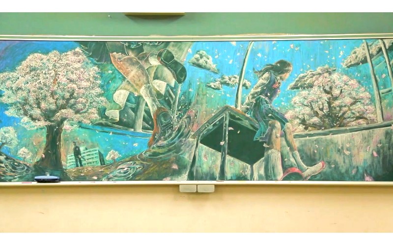 日本神人畫「黑板畫」展現超狂功力　櫻花盛開端出超猛成品！