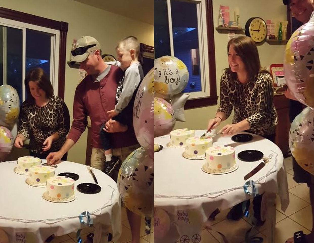 準媽媽「切蛋糕揭曉3胞胎性別」，連續兩個男生 最後一個切下一刀露出的顏色 全家興奮尖叫！